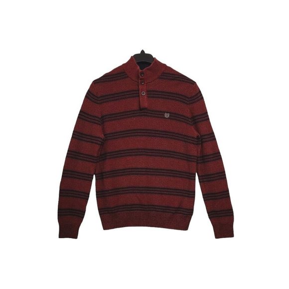 Chaps Sweater Mens Large Striped Button Mock Neck Elbow Patch Preppy Grandpa - Picture 1 of 7